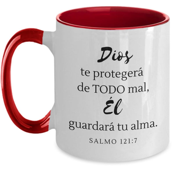Taza dos Tonos con Mensaje De Dios: Dios te protegerá de… - Salmo 121:7 Coffee Mug Regalos.Gifts Two Tone 11oz Mug Red 