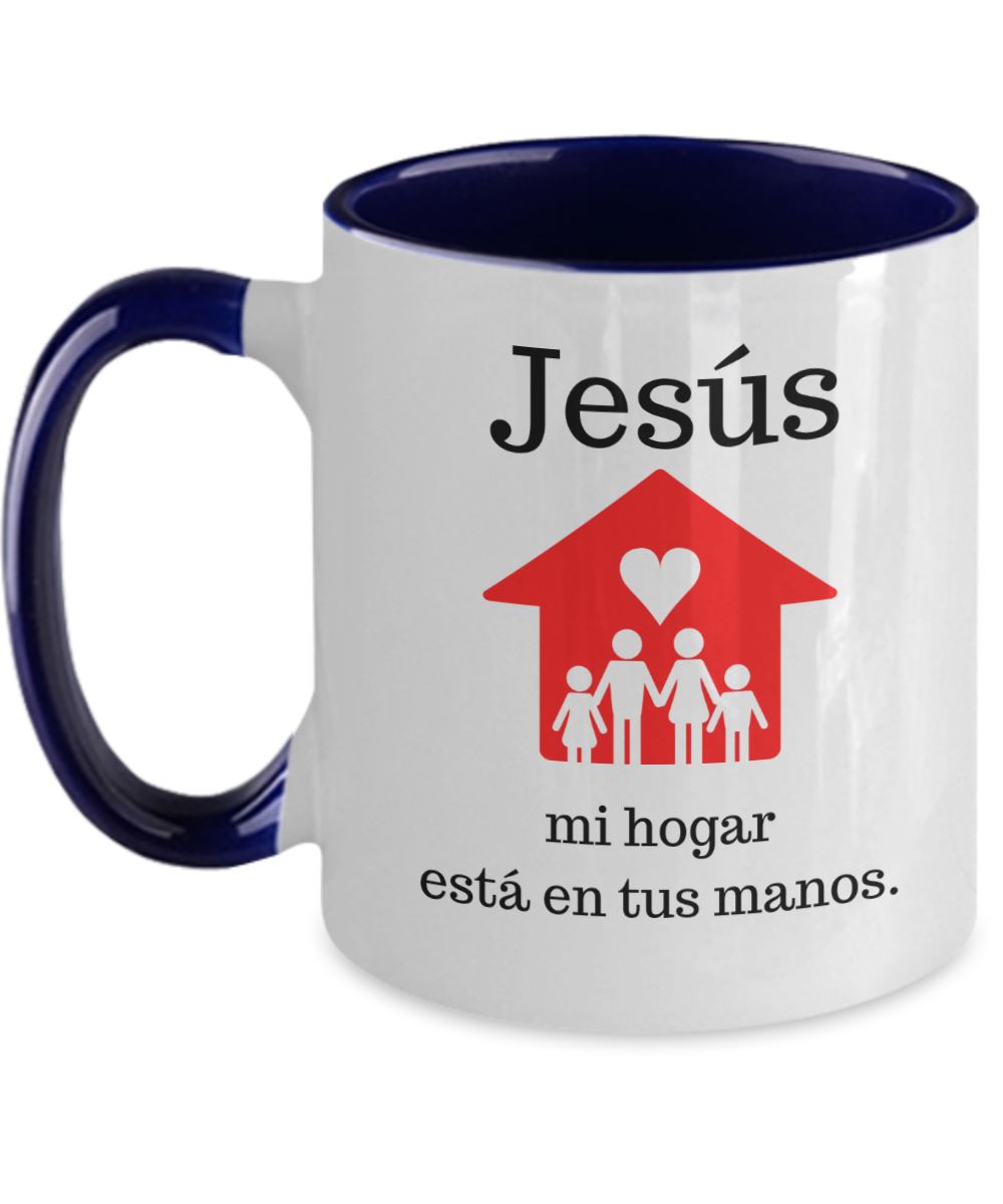 Taza dos Tonos con Mensaje De Dios: Jesús mi hogar está en tus manos. Coffee Mug Regalos.Gifts Two Tone 11oz Mug Navy 
