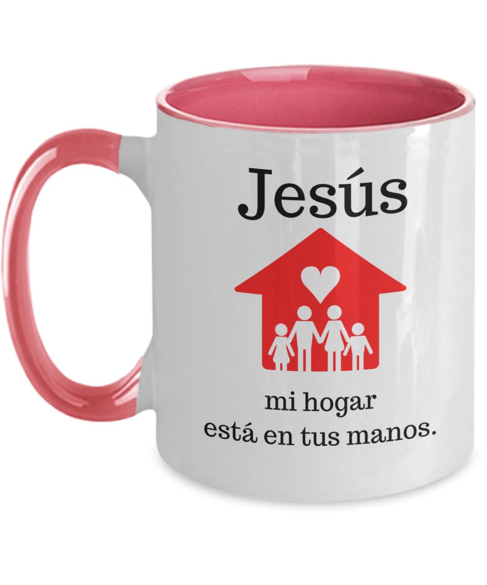 Taza dos Tonos con Mensaje De Dios: Jesús mi hogar está en tus manos. Coffee Mug Regalos.Gifts Two Tone 11oz Mug Pink 