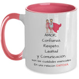 Taza dos Tonos con Mensaje para Pareja: Amor, Confianza, Respeto… Coffee Mug Regalos.Gifts Two Tone 11oz Mug Pink 