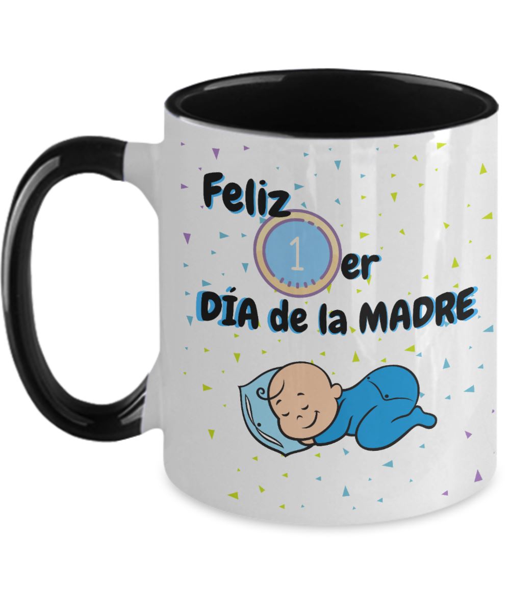 Taza dos Tonos para Mamá: Feliz Primer Día de la Madre (Boy) Coffee Mug Regalos.Gifts Two Tone 11oz Mug Black 