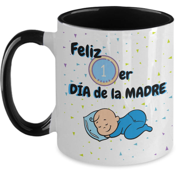 Taza dos Tonos para Mamá: Feliz Primer Día de la Madre (Boy) Coffee Mug Regalos.Gifts Two Tone 11oz Mug Black 