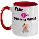 Taza dos Tonos para Mamá: Feliz Primer Día de la Madre (Girl) Coffee Mug Regalos.Gifts Two Tone 11oz Mug Red 
