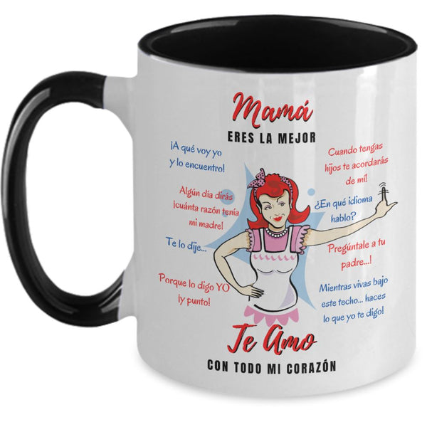 Taza dos Tonos para Mamá: Mamá eres la mejor, Te Amo… Coffee Mug Regalos.Gifts Two Tone 11oz Mug Black 