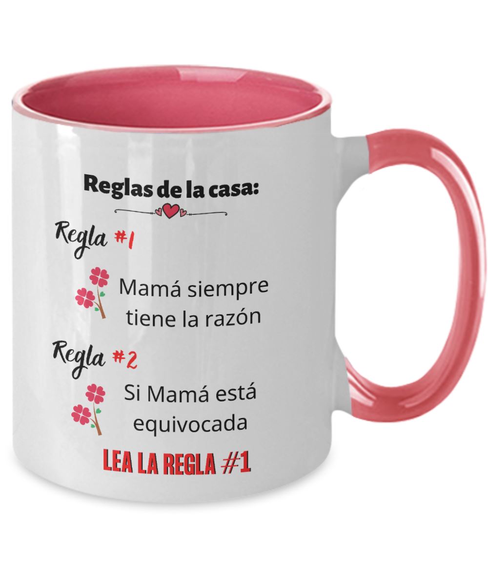 Taza dos Tonos para Mamá: Reglas de la casa… Coffee Mug Regalos.Gifts Two Tone 11oz Mug Pink 