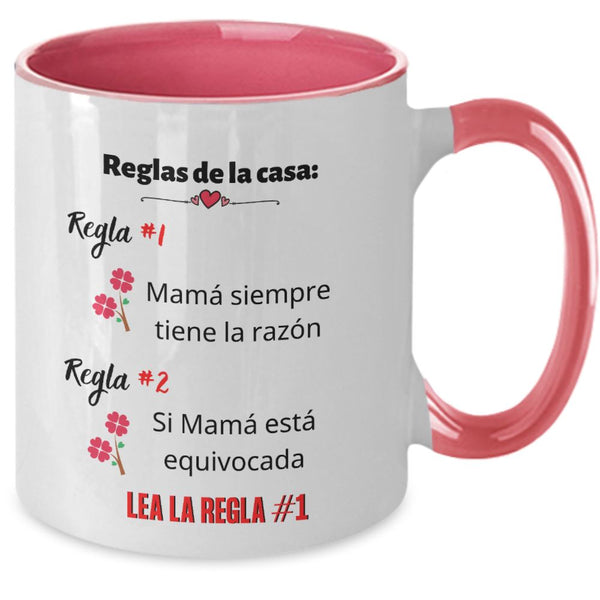 Taza dos Tonos para Mamá: Reglas de la casa… Coffee Mug Regalos.Gifts Two Tone 11oz Mug Pink 