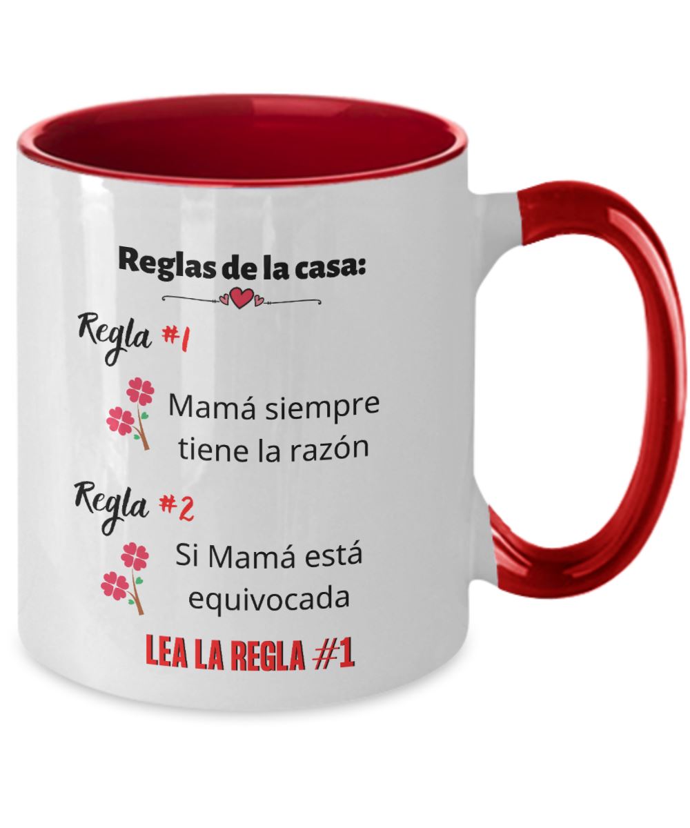 Taza dos Tonos para Mamá: Reglas de la casa… Coffee Mug Regalos.Gifts Two Tone 11oz Mug Red 