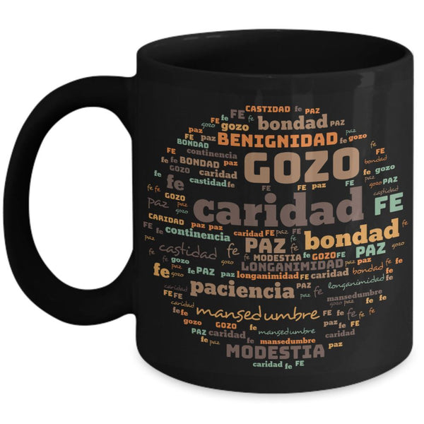 Taza Negra con Mensaje Cristiano: Frutos del Espíritu Santo Coffee Mug Regalos.Gifts 