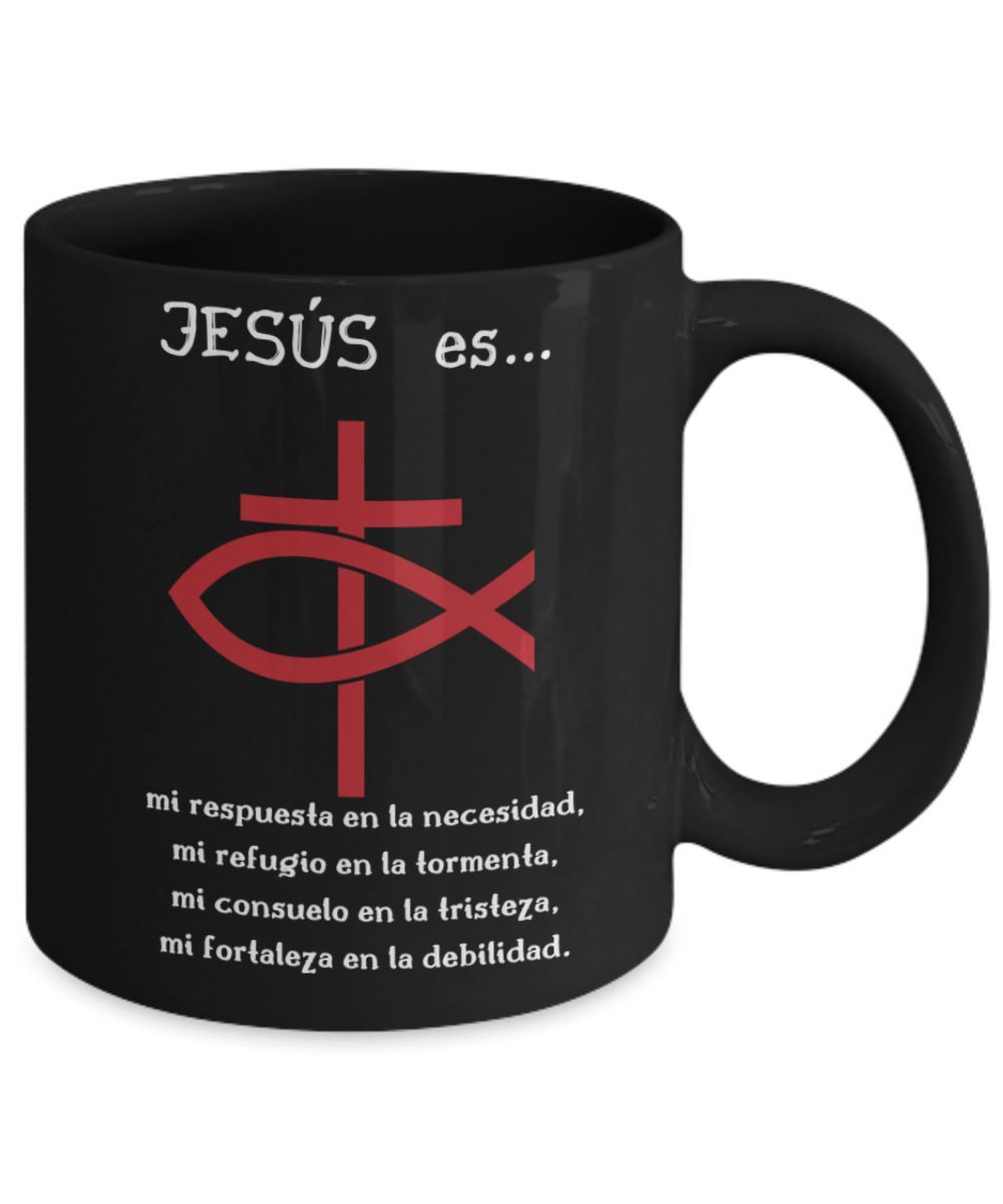 Taza Negra con mensaje cristiano: Jesús es… Regalo ideal. Coffee Mug Regalos.Gifts 