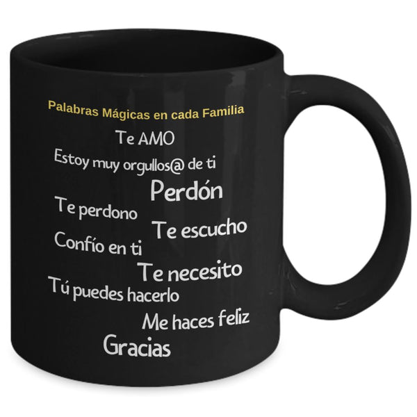 Taza Negra con Mensaje Cristiano: Palabras mágicas en cada familia Coffee Mug Regalos.Gifts 