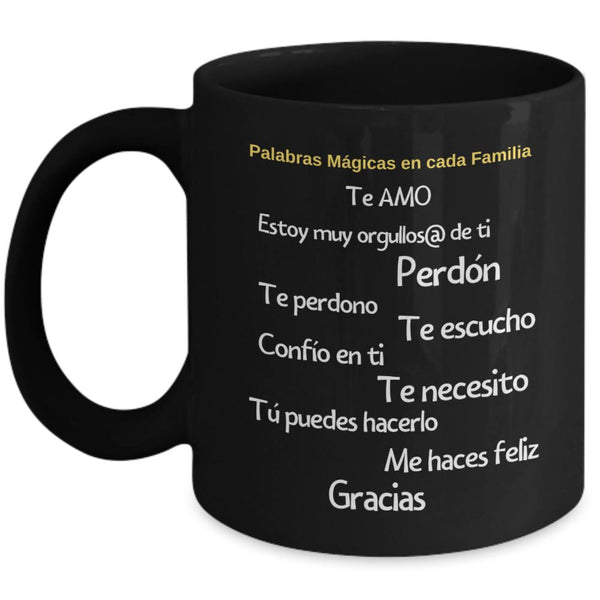 Taza Negra con Mensaje Cristiano: Palabras mágicas en cada familia Coffee Mug Regalos.Gifts 11oz Mug Black 
