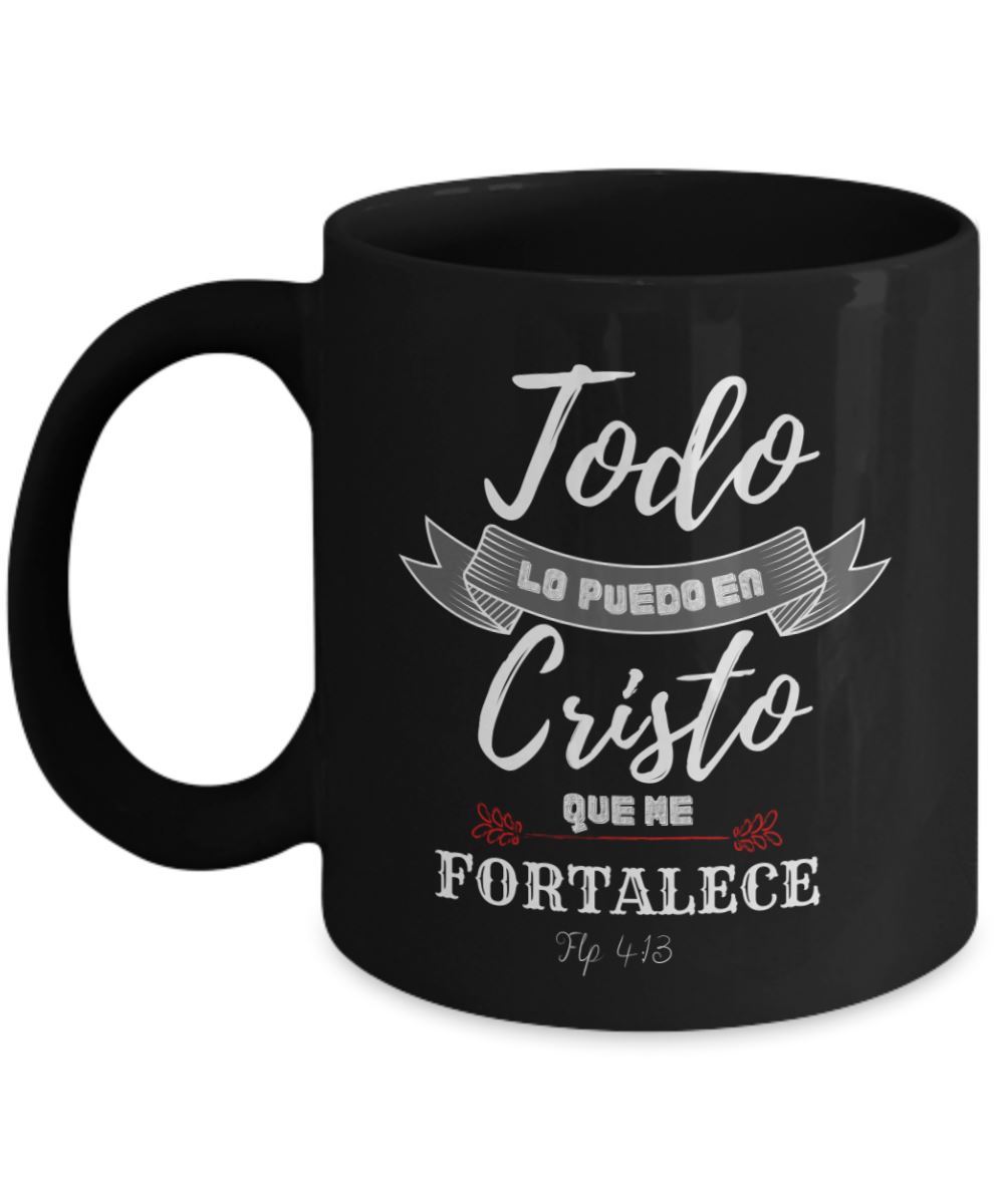 Taza Negra con Mensaje Cristiano: Todo lo puedo en Cristo Coffee Mug Regalos.Gifts 11oz Mug Black 