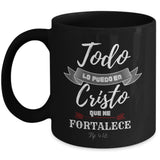Taza Negra con Mensaje Cristiano: Todo lo puedo en Cristo Coffee Mug Regalos.Gifts 11oz Mug Black 