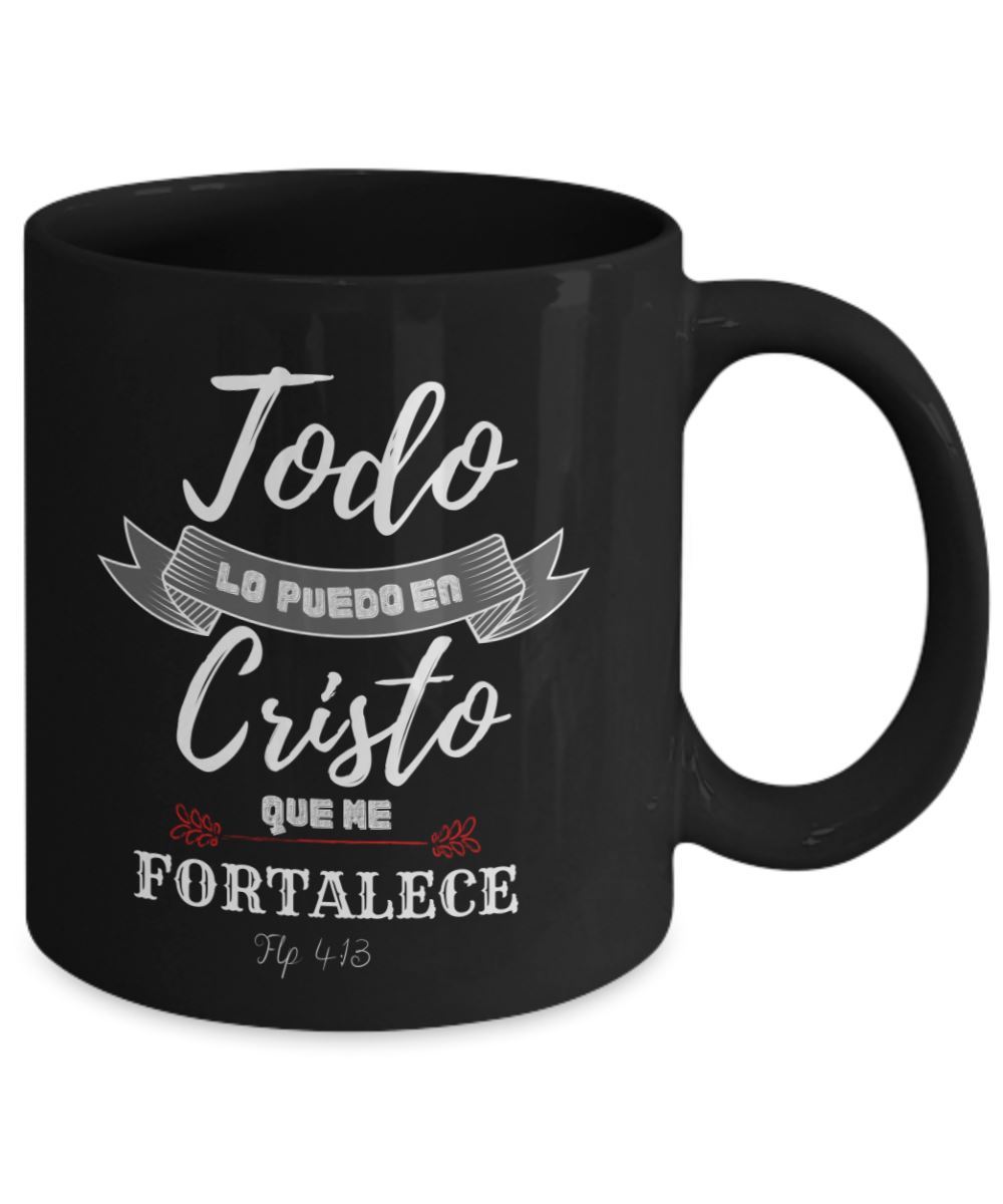 Taza Negra con Mensaje Cristiano: Todo lo puedo en Cristo Coffee Mug Regalos.Gifts 