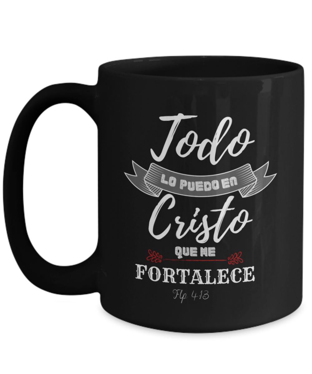 Taza Negra con Mensaje Cristiano: Todo lo puedo en Cristo Coffee Mug Regalos.Gifts 15oz Mug Black 