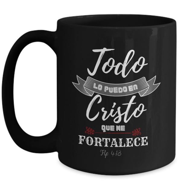 Taza Negra con Mensaje Cristiano: Todo lo puedo en Cristo Coffee Mug Regalos.Gifts 15oz Mug Black 