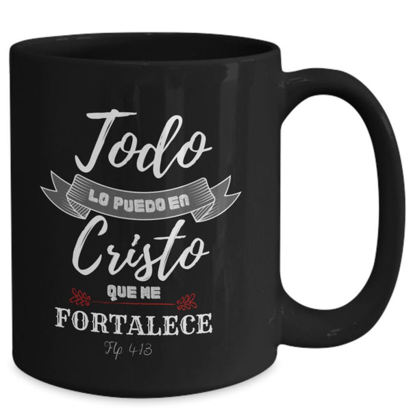 Taza Negra con Mensaje Cristiano: Todo lo puedo en Cristo Coffee Mug Regalos.Gifts 