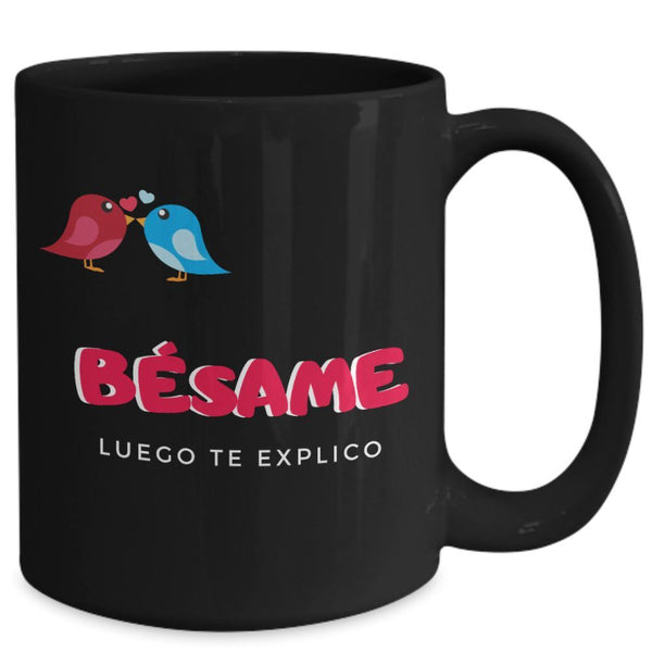 Taza Negra con mensaje de amor: Bésame, luego te explico! Coffee Mug Regalos.Gifts 