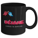 Taza Negra con mensaje de amor: Bésame, luego te explico! Coffee Mug Regalos.Gifts 