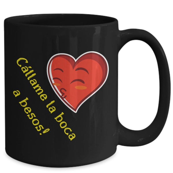 Taza Negra con mensaje de amor: Cállame la boca, a besos! Coffee Mug Regalos.Gifts 