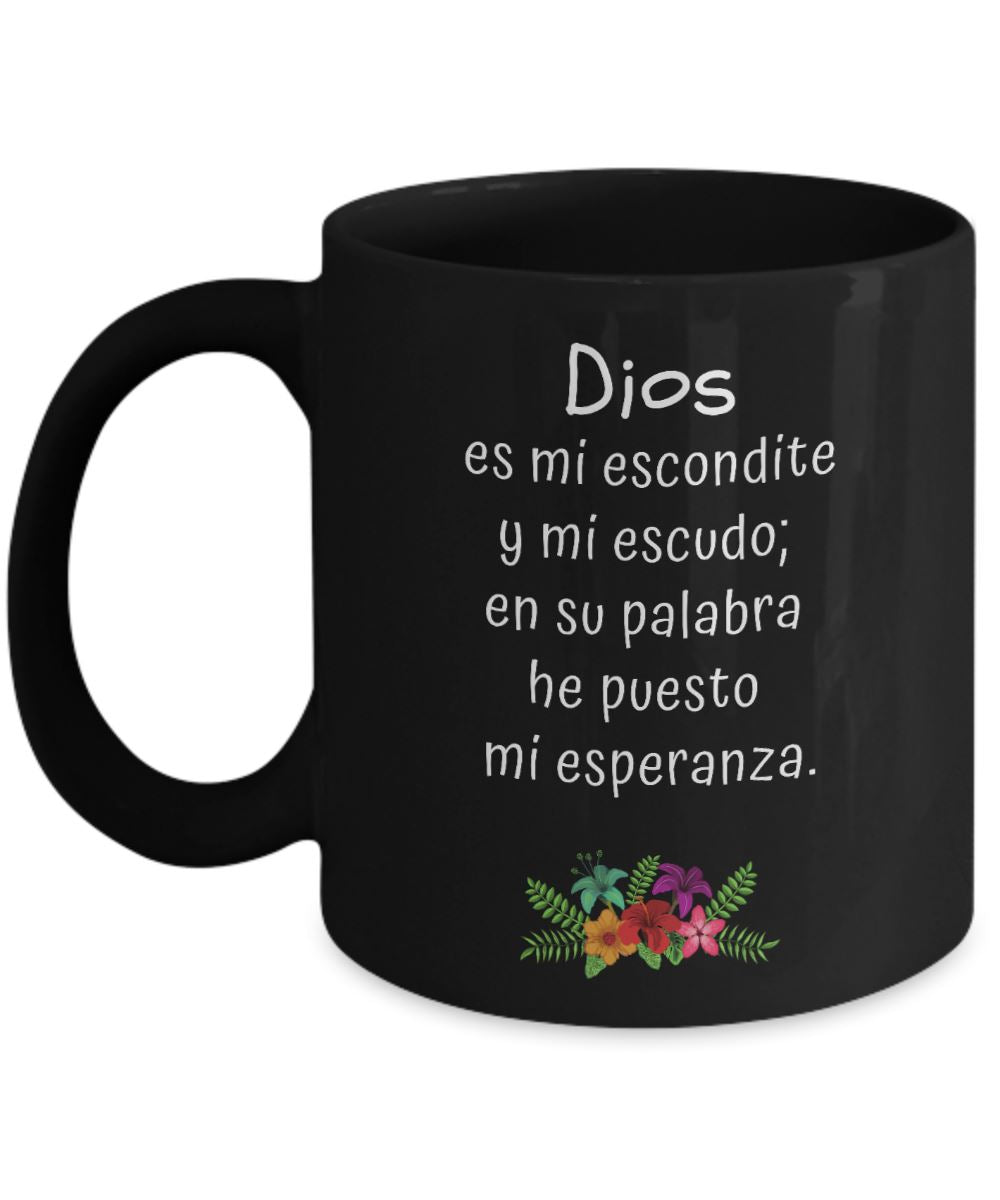 Taza Negra con Mensaje De Dios: Dios es mi escondite y mi escudo… - Salmo 119:114 Coffee Mug Gearbubble 