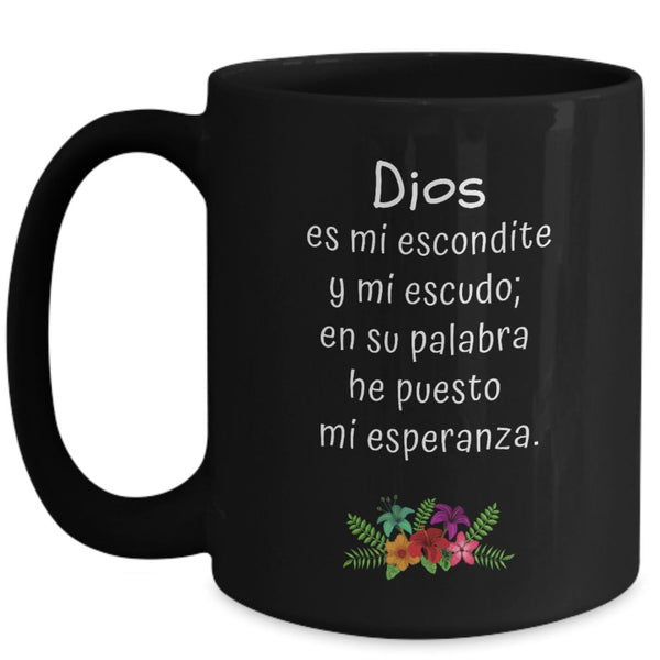 Taza Negra con Mensaje De Dios: Dios es mi escondite y mi escudo… - Salmo 119:114 Coffee Mug Gearbubble 