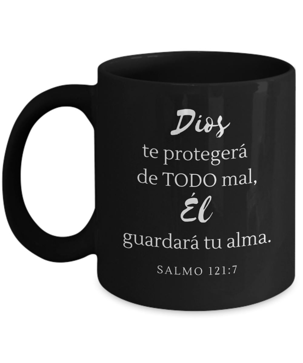 Taza Negra con Mensaje De Dios: Dios te protegerá de… - Salmo 121:7 Coffee Mug Regalos.Gifts 11oz Mug Black 