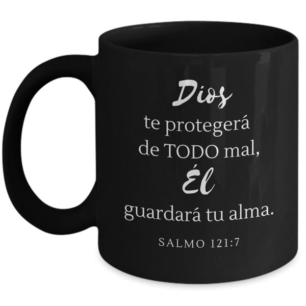 Taza Negra con Mensaje De Dios: Dios te protegerá de… - Salmo 121:7 Coffee Mug Regalos.Gifts 11oz Mug Black 