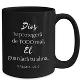 Taza Negra con Mensaje De Dios: Dios te protegerá de… - Salmo 121:7 Coffee Mug Regalos.Gifts 