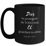 Taza Negra con Mensaje De Dios: Dios te protegerá de… - Salmo 121:7 Coffee Mug Regalos.Gifts 15oz Mug Black 