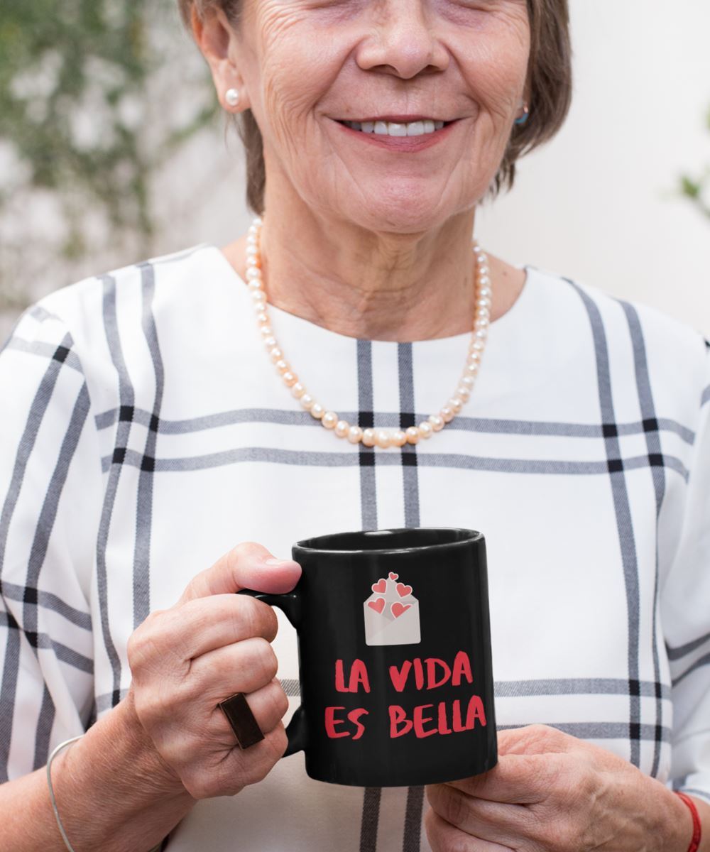 Taza negra con Mensaje Positivo: La vida es Bella Coffee Mug Regalos.Gifts 