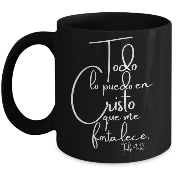 Taza Negra con mensaje Todo lo puedo en Cristo Coffee Mug Regalos.Gifts 11oz Mug Black 