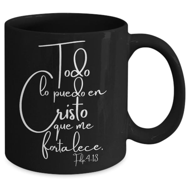 Taza Negra con mensaje Todo lo puedo en Cristo Coffee Mug Regalos.Gifts 