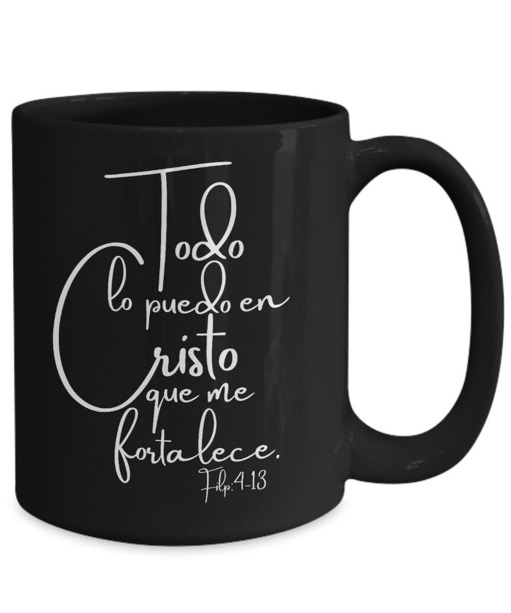 Taza Negra con mensaje Todo lo puedo en Cristo Coffee Mug Regalos.Gifts 15oz Mug Black 