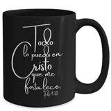 Taza Negra con mensaje Todo lo puedo en Cristo Coffee Mug Regalos.Gifts 15oz Mug Black 