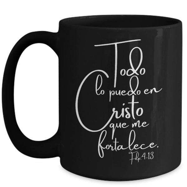Taza Negra con mensaje Todo lo puedo en Cristo Coffee Mug Regalos.Gifts 