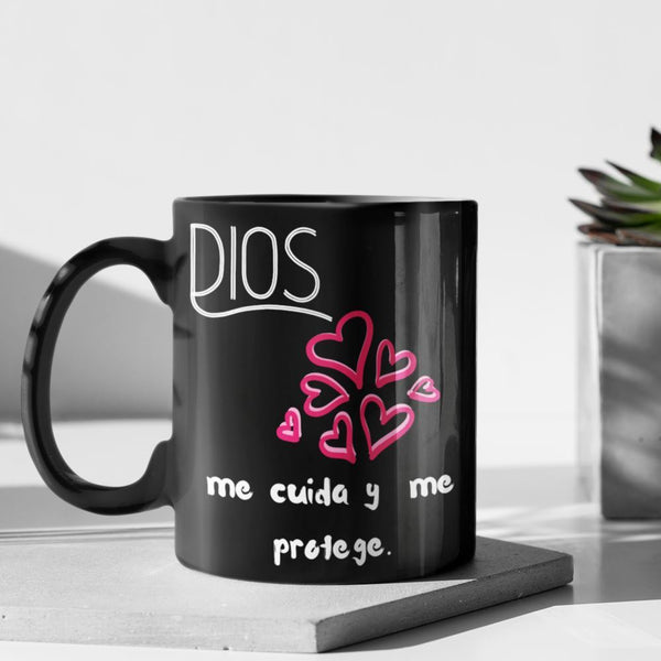 Taza Negra de Café con mensaje cristiano: Dios me cuida Coffee Mug Regalos.Gifts 
