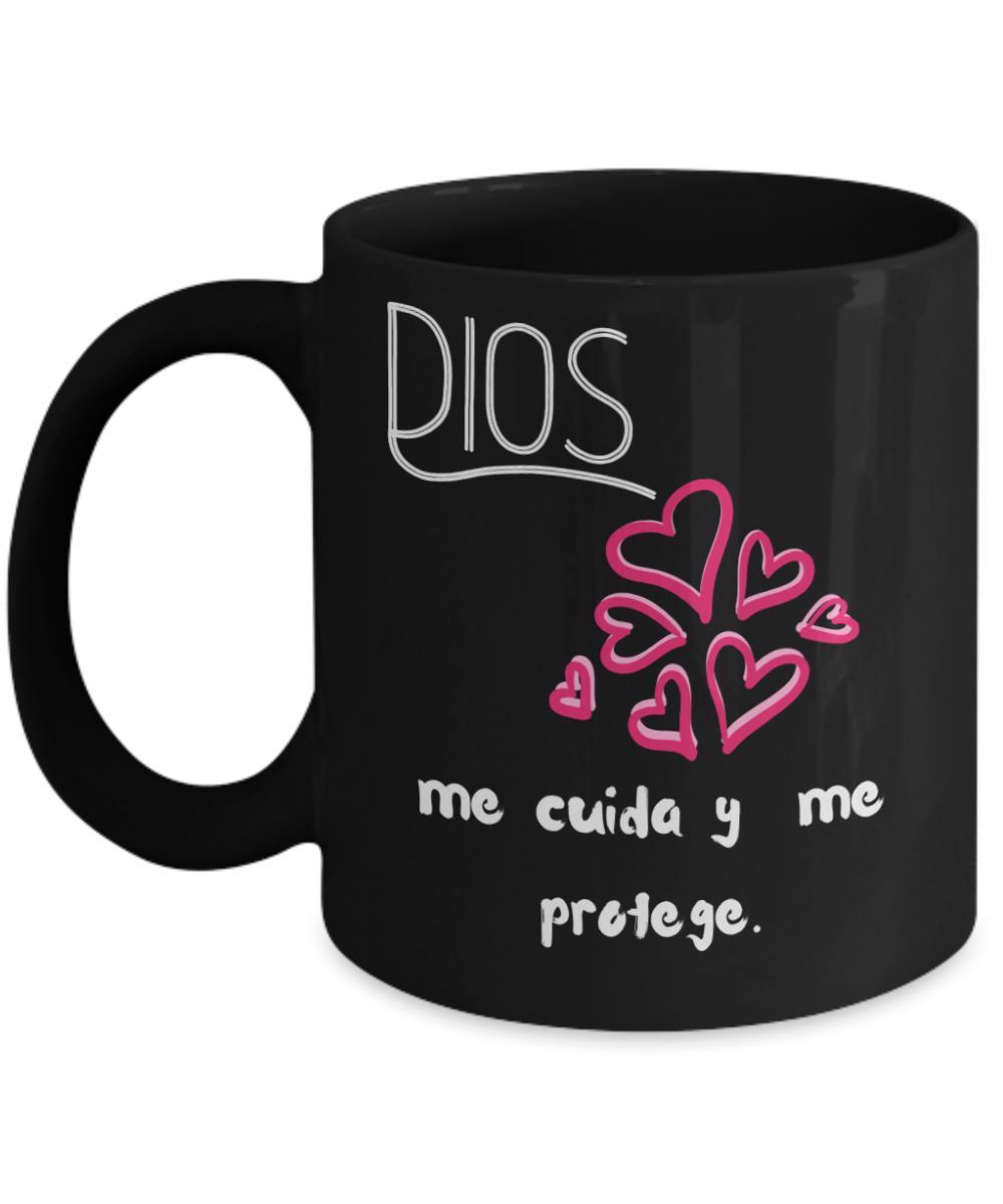 Taza Negra de Café con mensaje cristiano: Dios me cuida Coffee Mug Regalos.Gifts 