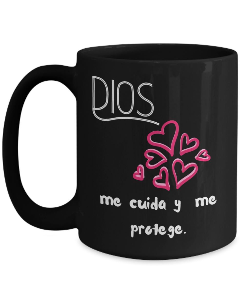 Taza Negra de Café de 15 oz: Dios me cuida Coffee Mug Regalos.Gifts 
