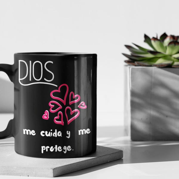 Taza Negra de Café de 15 oz: Dios me cuida Coffee Mug Regalos.Gifts 