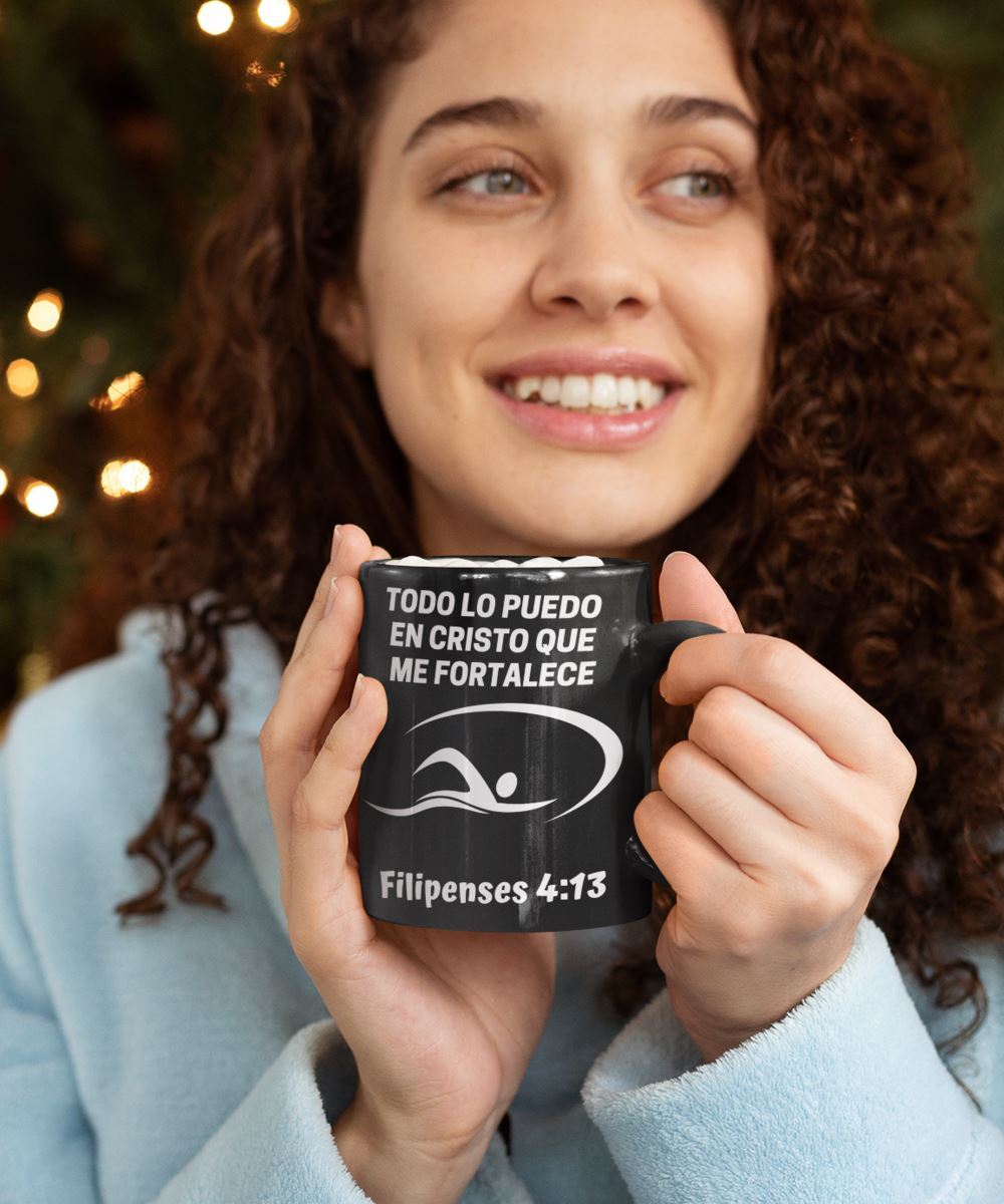 Taza Negra de Café para nadadores: Todo lo puedo… Coffee Mug Regalos.Gifts 