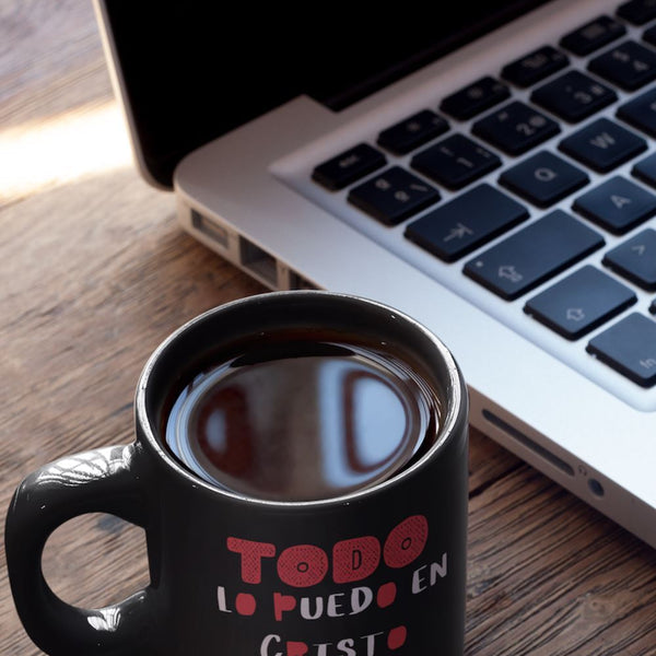 Taza negra de Café: Todo lo puedo en Coffee Mug Regalos.Gifts 