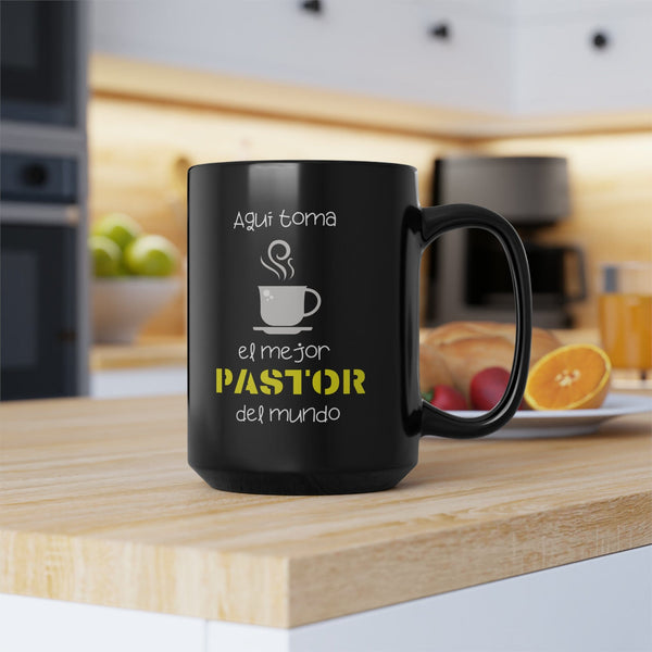 Taza negra de regalo para Pastor: Aquí toma café el mejor pastor del mundo. 11oz - 15oz Mug Printify 