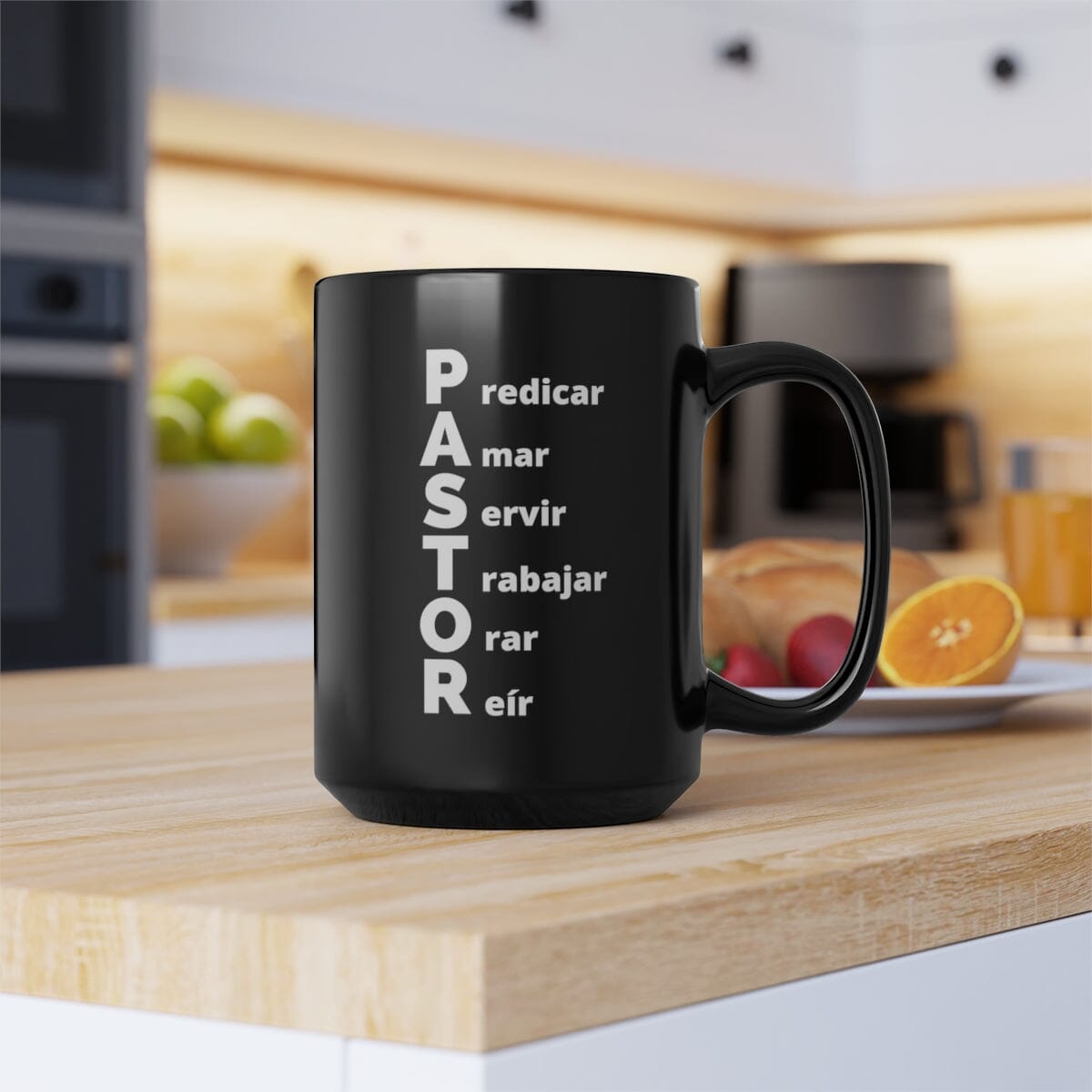 Taza negra de regalo para Pastor: Pastor: predicar, amar, servir, trabajar, orar, reír. 15oz Mug Printify 