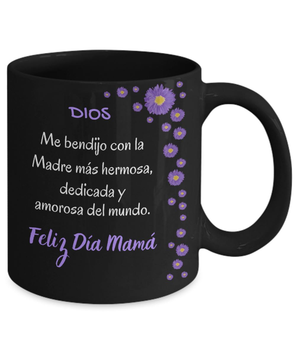 Taza Negra para Mamá: Dios me bendijo con la madre más hermosa… Coffee Mug Regalos.Gifts 