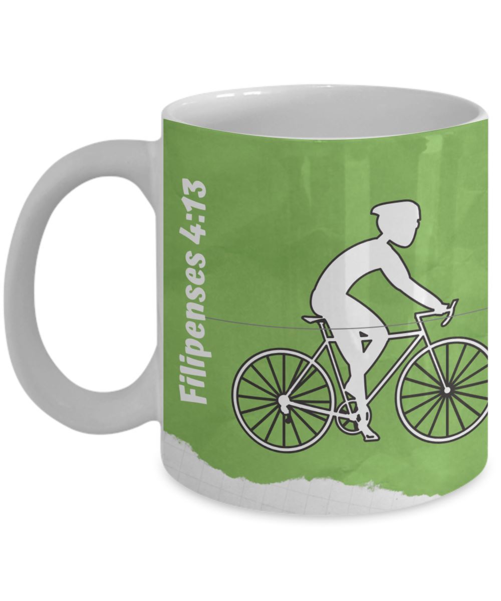 Taza para apasionados de la Bicicleta con mensaje Cristiano: Todo lo puedo… Coffee Mug Regalos.Gifts 