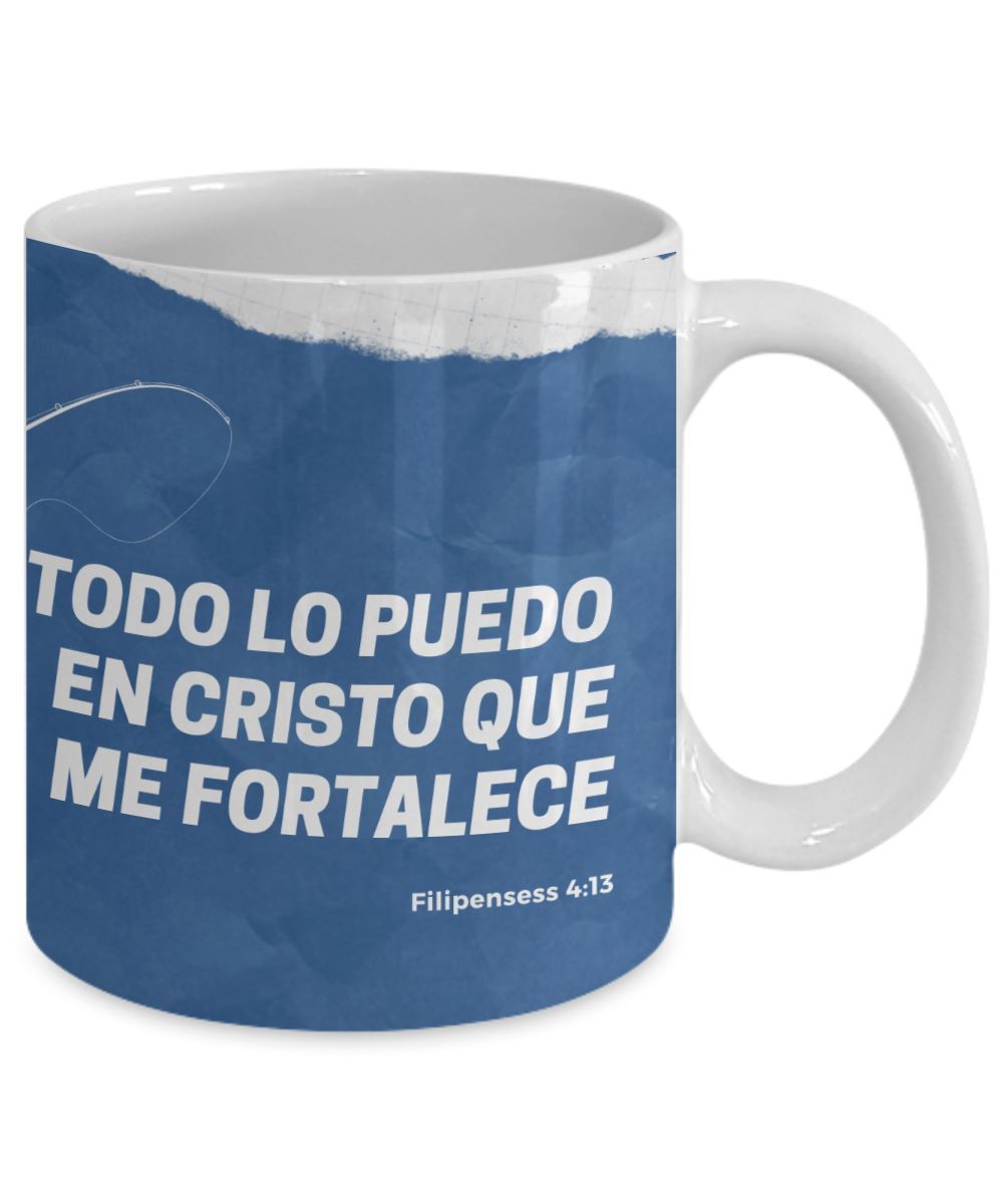 Taza para apasionados de la Pesca con mensaje Cristiano: Todo lo puedo… Coffee Mug Regalos.Gifts 