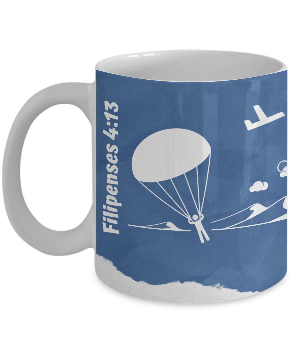 Taza para apasionados del Paracaidismo con mensaje Cristiano: Todo lo puedo… Coffee Mug Regalos.Gifts 