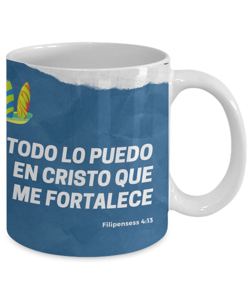 Taza para apasionados del Surf con mensaje Cristiano: Todo lo puedo… Coffee Mug Regalos.Gifts 