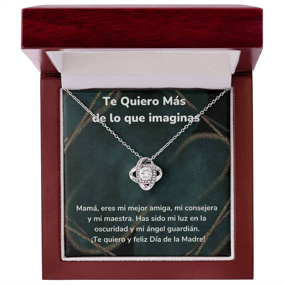 Te Quiero Más de lo que imaginas. Collar Para Mamá Nudo de Amor (LoveKnot) Jewelry/LoveKnot Acabado en oro blanco de 14 k Caja de Lujo Madera Con Luz led 